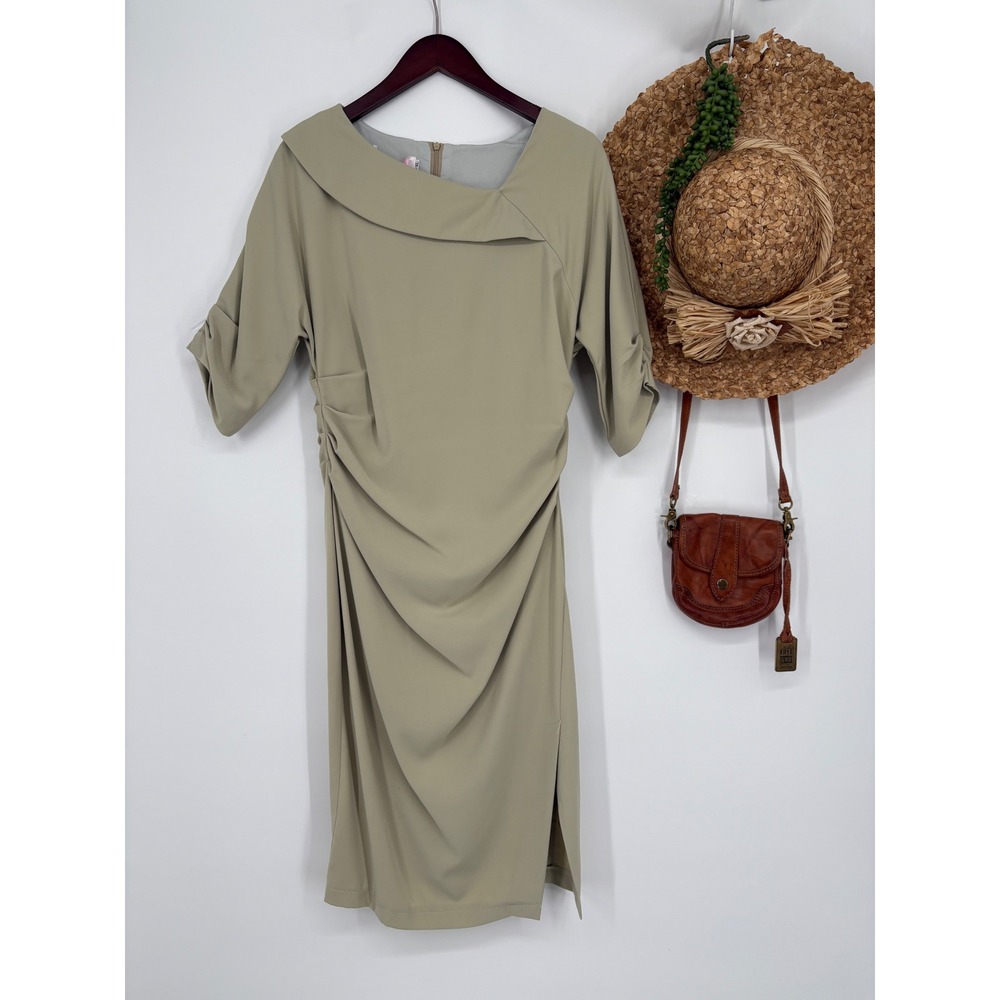 Blingor Ruched‎ MIDI Dress Short Sleeve Asymmetrical Neck Sage Green XL Business